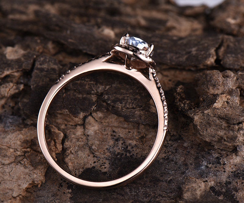 1ct pear cut moonstone engagement ring rose gold 14K/18K halo diamond wedding ring half eternity stackable june birthstone promise ring