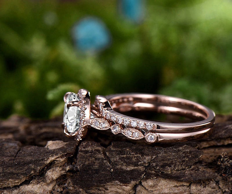 Moonstone engagement ring set rose gold 14K/18K moonstone ring gold set moissanite halo wedding ring band June birthstone ring promise ring