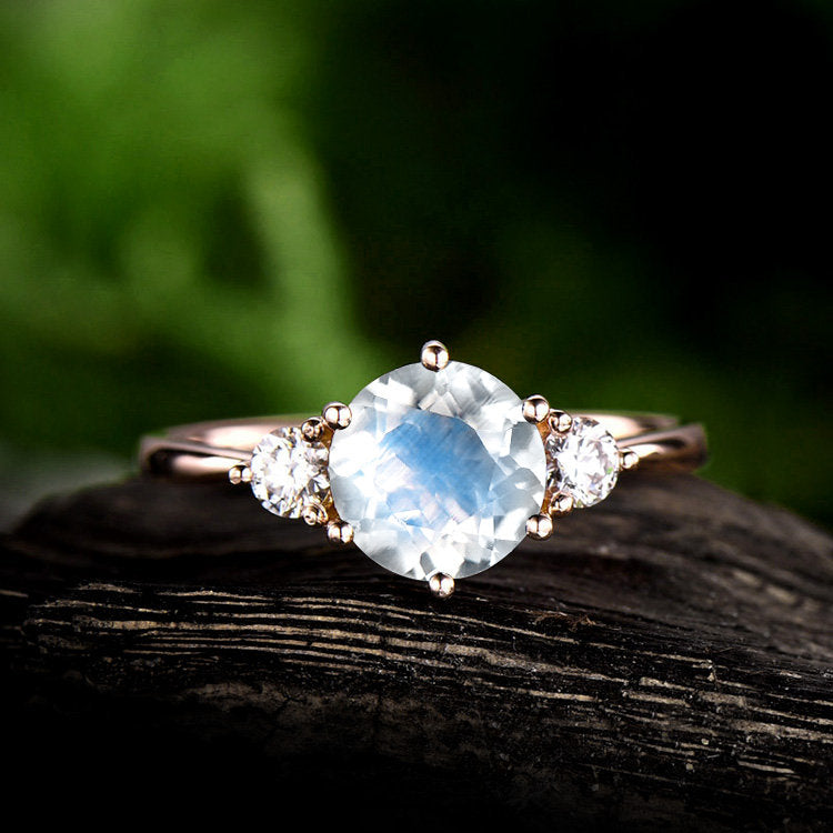 Three stone moonstone engagement ring rose gold 14K/18K moonstone ring gold june birthstone ring moissanite wedding ring unique promise ring
