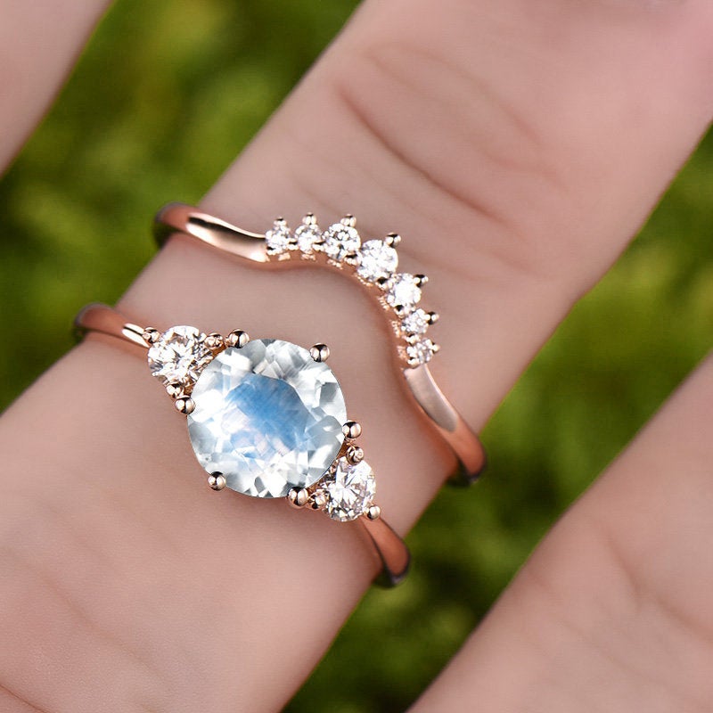 Three stone moonstone engagement ring set rose gold 14K/18K moonstone ring gold june birthstone ring moissanite wedding ring promise ring