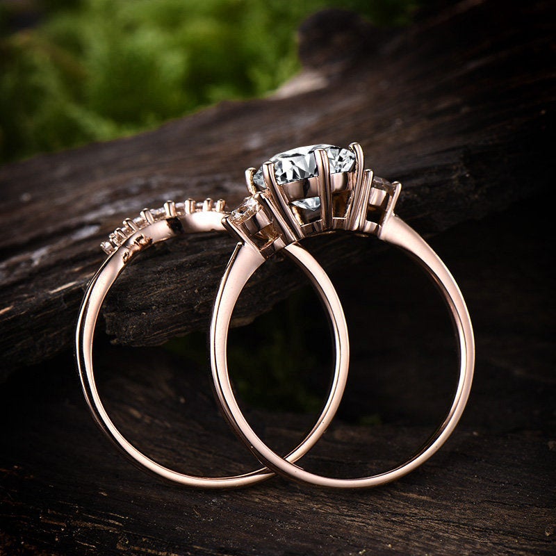 Three stone ring vintage aquamarine engagement ring set rose gold ring set women custom jewelry March birthstone ring moissanite ring set