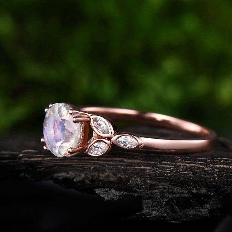1ct natural moonstone engagement ring rose gold 14K/18K moonstone ring gold art deco flower moissanite June birthstone wedding promise ring