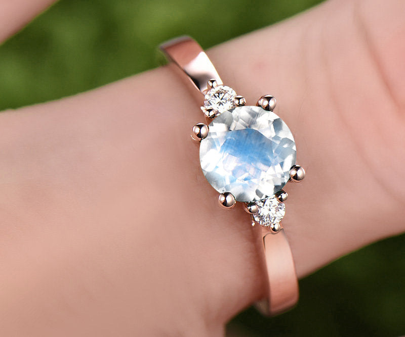 Three stone moonstone engagement ring rose gold 14K/18K moonstone ring gold june birthstone ring diamond wedding ring unique promise ring