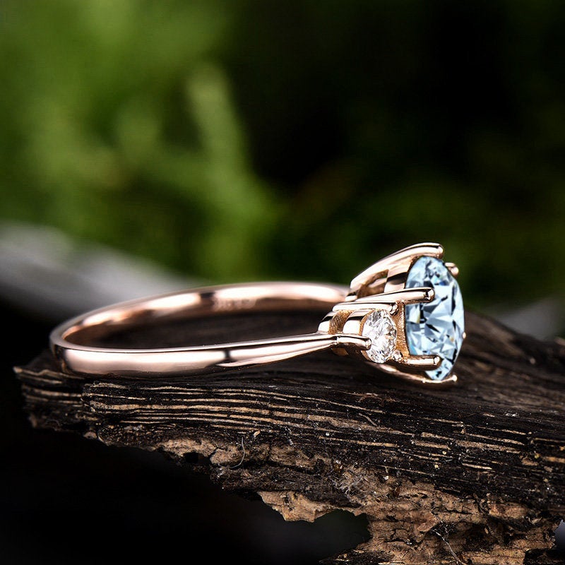 Three stone aquamarine engagement ring rose gold 14K/18K aquamarine ring gold March birthstone ring moissanite wedding ring promise ring