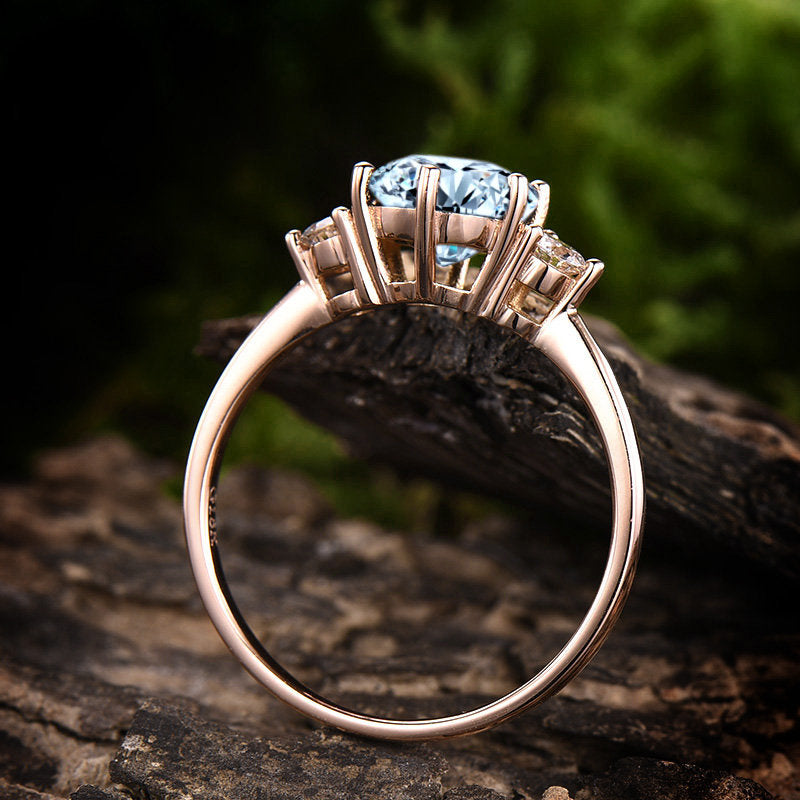 Three stone aquamarine engagement ring rose gold 14K/18K aquamarine ring gold March birthstone ring moissanite wedding ring promise ring