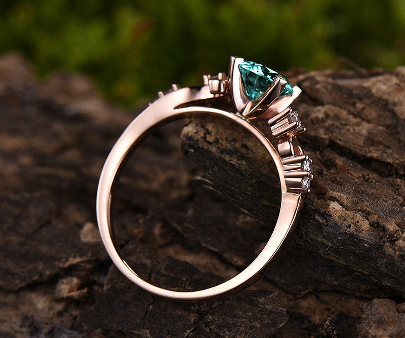 Emerald engagement ring rose gold 14K/18K emerald ring gold vintage diamond ring unique wedding ring band promise ring may birthstone ring