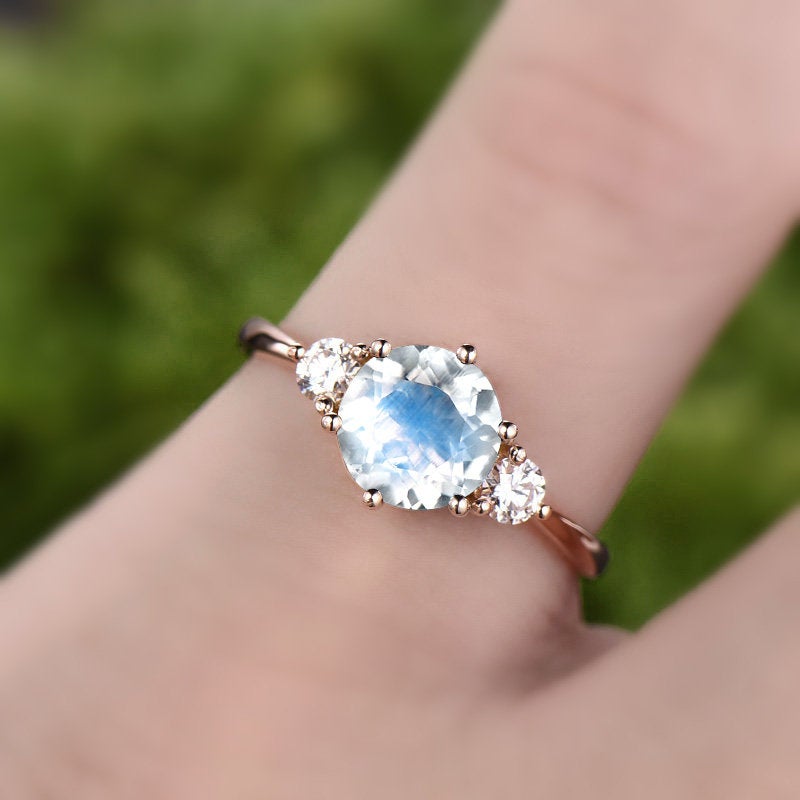 Three stone moonstone engagement ring rose gold 14K/18K moonstone ring gold june birthstone ring moissanite wedding ring unique promise ring