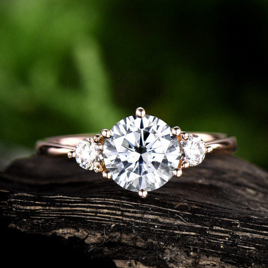 Three stone moissanite engagement ring rose gold 14K/18K moissanite ring rose gold moissanite wedding ring band unique promise ring