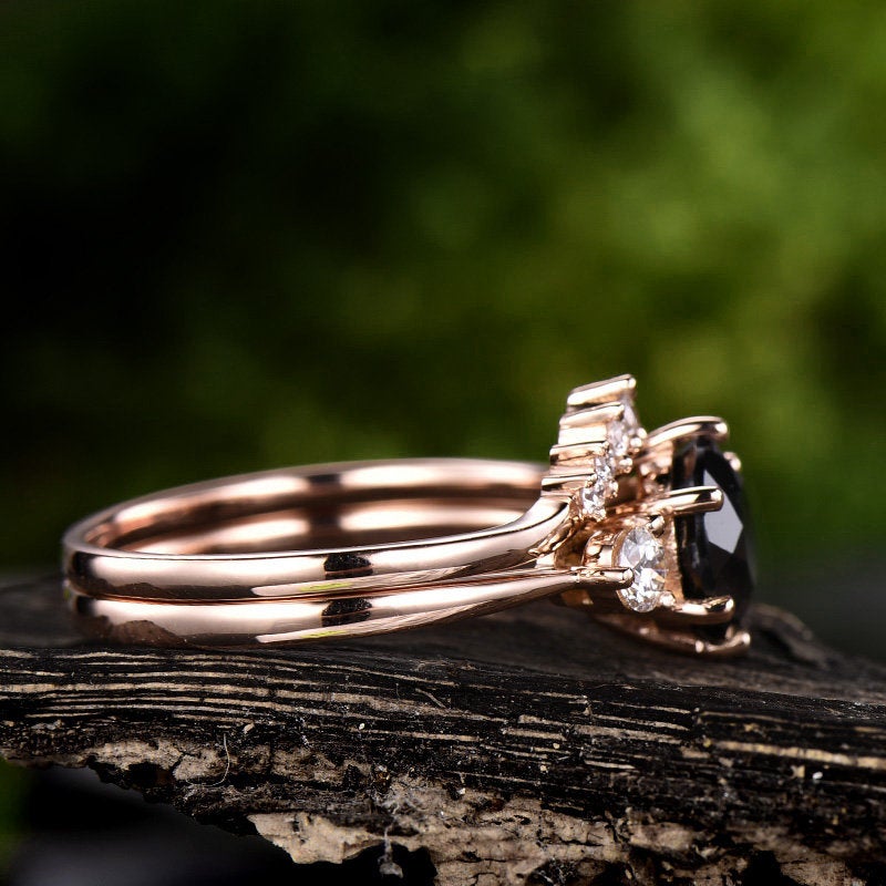 Natural black spinel engagement ring set rose gold 14K/18K black spinel ring gold Three stone engagement ring moissanite wedding ring