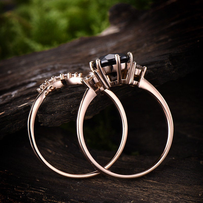 Natural black spinel engagement ring set rose gold 14K/18K black spinel ring gold Three stone engagement ring moissanite wedding ring