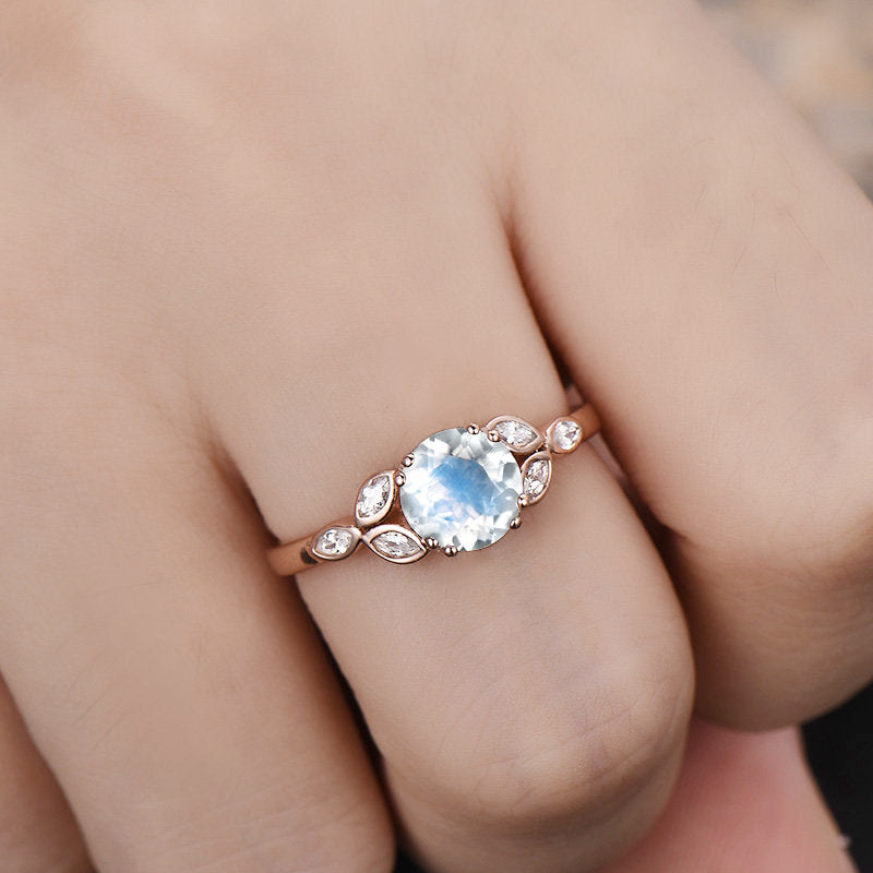 1ct natural moonstone engagement ring rose gold 14K/18K moonstone ring gold art deco flower moissanite June birthstone wedding promise ring