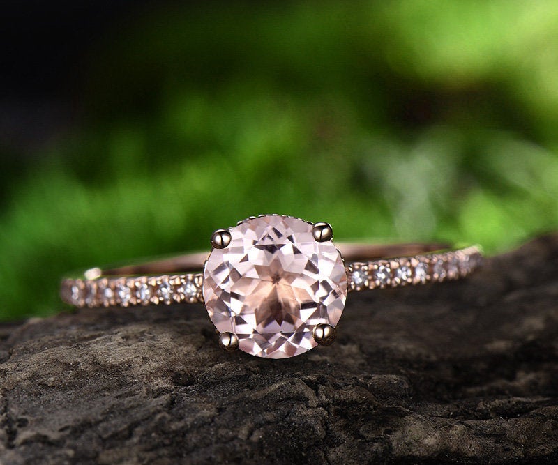 1 carat pink morganite engagement ring rose gold 14K/18K with moissanite under basket halo ring promise ring wedding band