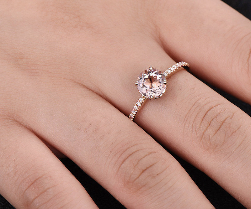 1 carat pink morganite engagement ring rose gold 14K/18K with moissanite under basket halo ring promise ring wedding band
