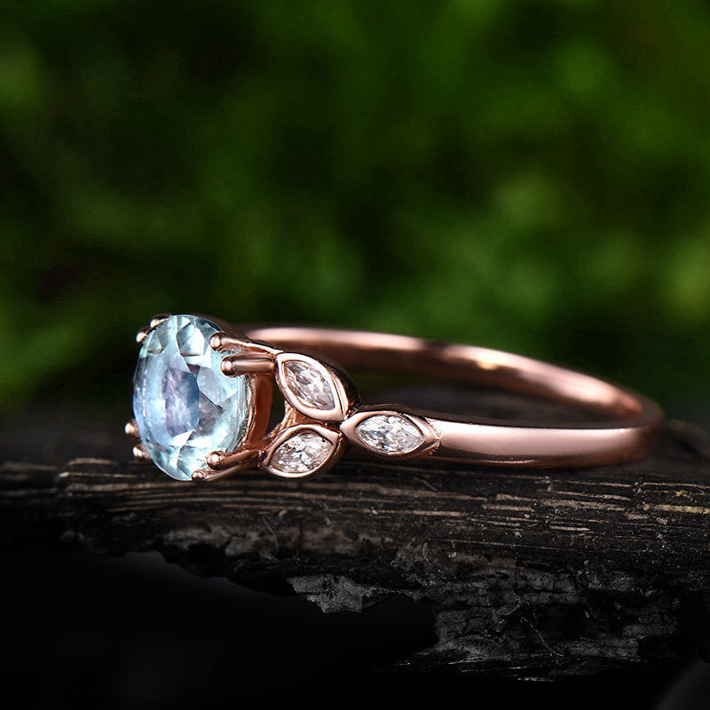 Aquamarine engagement ring rose gold 14K/18K moissanite wedding band aquamarine ring gold March birthstone ring flower marquise promise ring