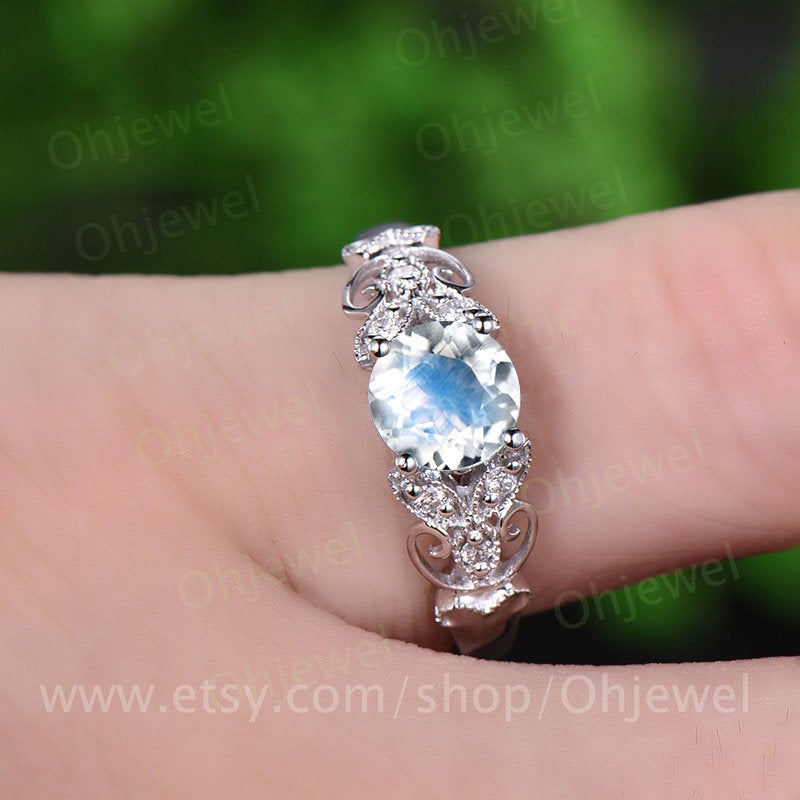 Natural moonstone engagement ring white gold 14K/18K diamond ring moonstone ring vintage unique gift promise wedding June birthstone ring