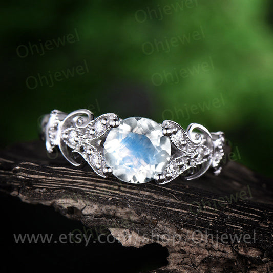 Natural moonstone engagement ring white gold 14K/18K diamond ring moonstone ring vintage unique gift promise wedding June birthstone ring