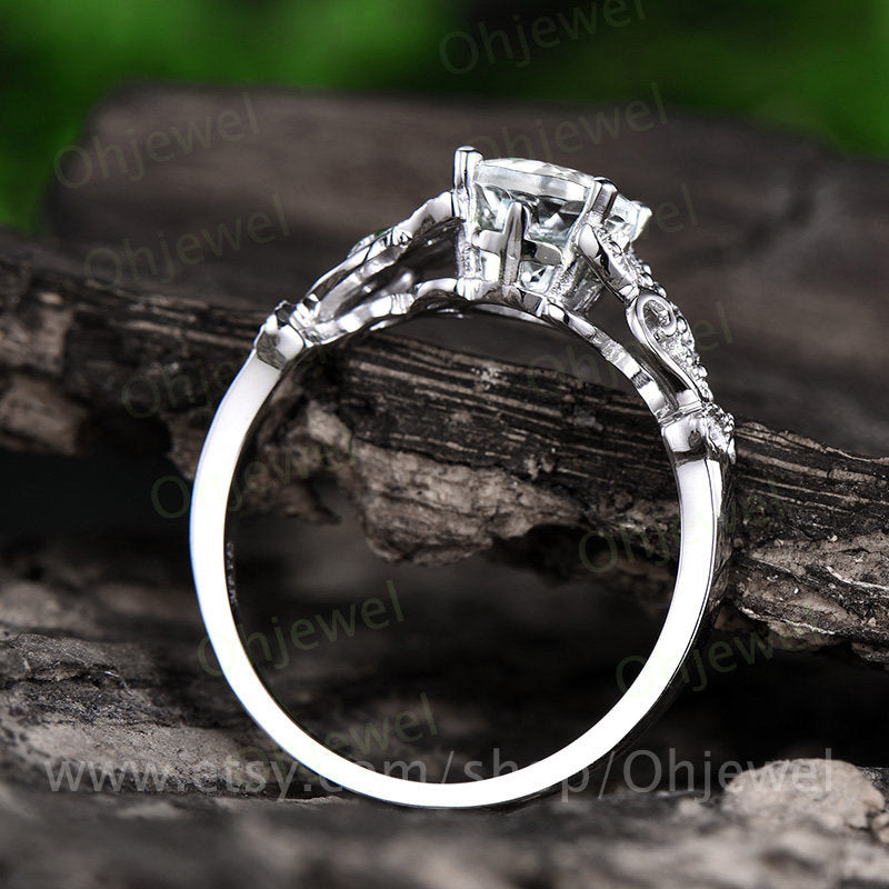 Natural moonstone engagement ring white gold 14K/18K diamond ring moonstone ring vintage unique gift promise wedding June birthstone ring
