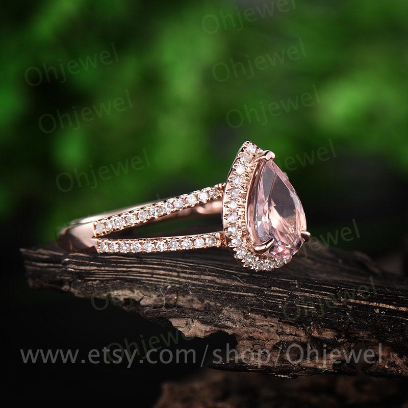 6x9mm pink morganite engagement ring rose gold 14K/18K diamond halo ring split shank ring stackable wedding anniversary promise bridal ring