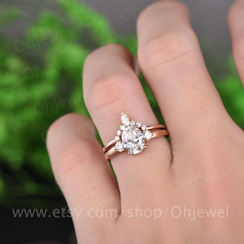 1.5ct three stone moissanite engagement ring set rose gold 14K/18K curved wedding band macthing crown antique gift  bridal promise ring set