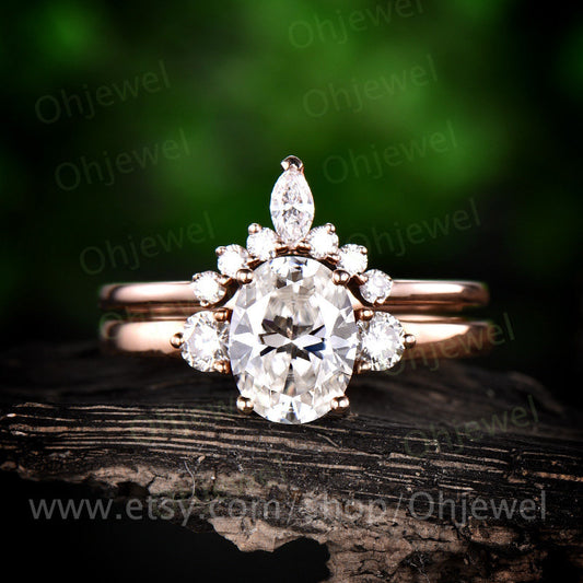 1.5ct three stone moissanite engagement ring set rose gold 14K/18K curved wedding band macthing crown antique gift  bridal promise ring set