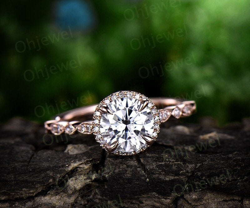 1.25 carat brilliant Moissanite engagement ring rose gold 14K/18K with diamond halo wedding band half eternity stackable promise bridal ring