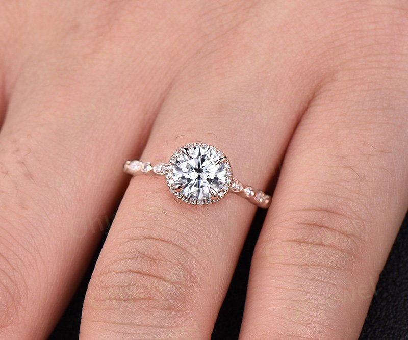 1.25 carat brilliant Moissanite engagement ring rose gold 14K/18K with diamond halo wedding band half eternity stackable promise bridal ring