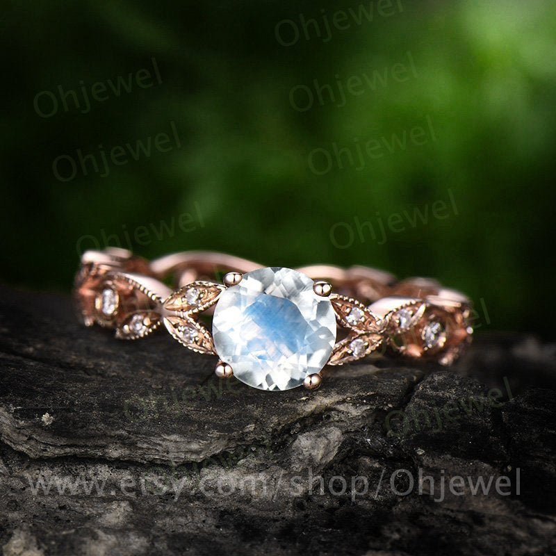 Natural moonstone engagement ring rose gold moonstone ring gold vintage diamond full eternity wedding june birthstone Unique promise ring
