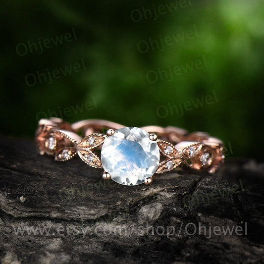 Natural moonstone engagement ring rose gold moonstone ring gold vintage diamond full eternity wedding june birthstone Unique promise ring