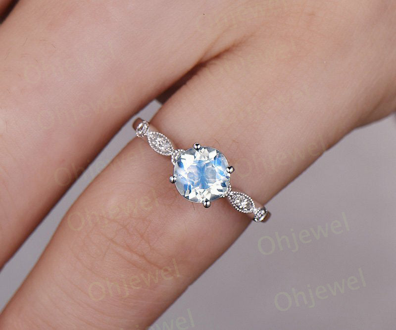 Natural blue moonstone engagement ring white gold diamond wedding band moonstone ring gold June birthstone marquise vintage promise ring