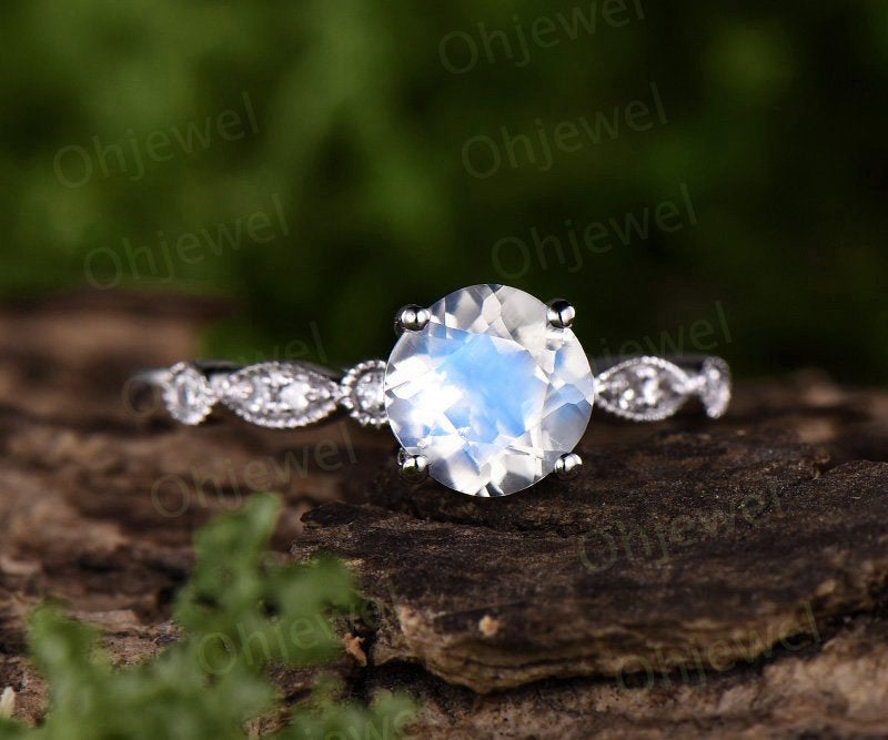 Natural blue moonstone engagement ring white gold diamond wedding band moonstone ring gold June birthstone marquise vintage promise ring