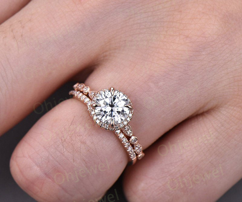 1.25 carat Moissanite engagement ring set rose gold 14K/18K halo moissanite curved wedding band macthing stackable promise ring bridal set