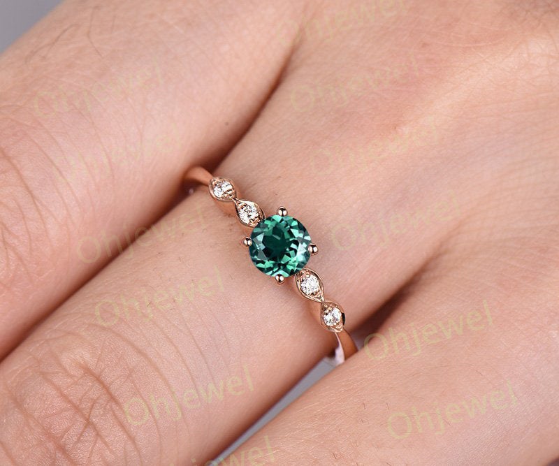 Green emerald engagement ring rose gold 14K/18K emerald ring may birthstone ring diamond wedding ring unique marquise promise ring