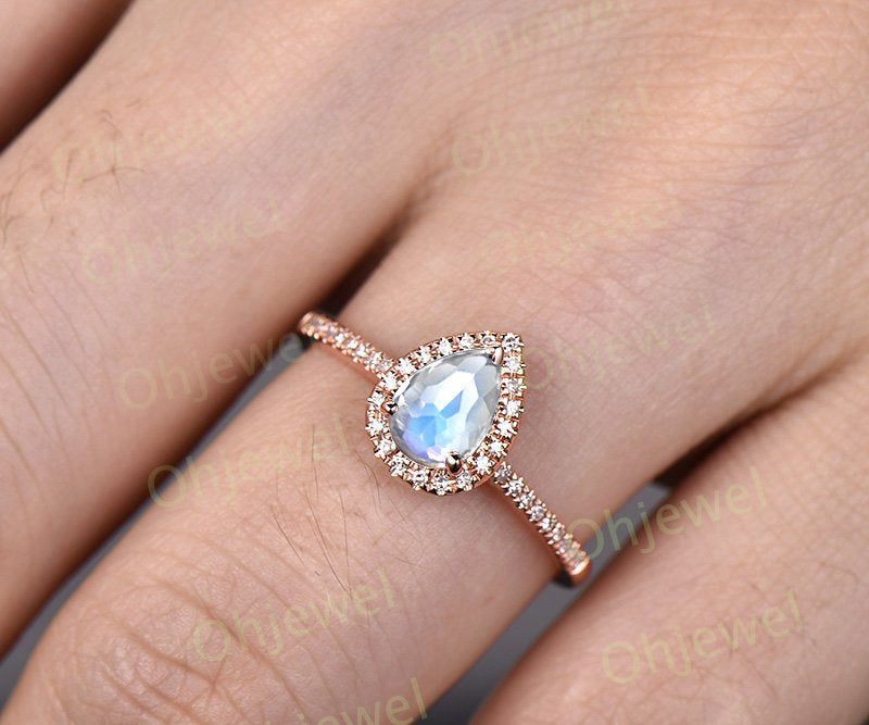 1ct pear cut moonstone engagement ring rose gold 14K/18K halo diamond wedding ring half eternity stackable june birthstone promise ring