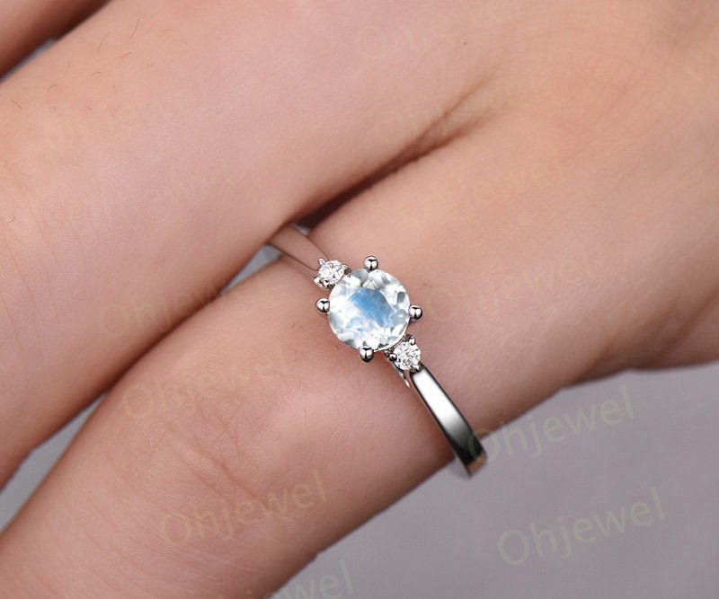 Three stone moonstone engagement ring white gold 14K/18K moonstone ring gold june birthstone ring diamond wedding ring unique promise ring