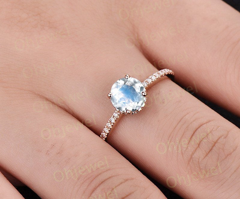 1ct moonstone engagement ring rose gold 14K/18K moonstone ring moissanite under basket halo wedding band June birthstone ring promise ring