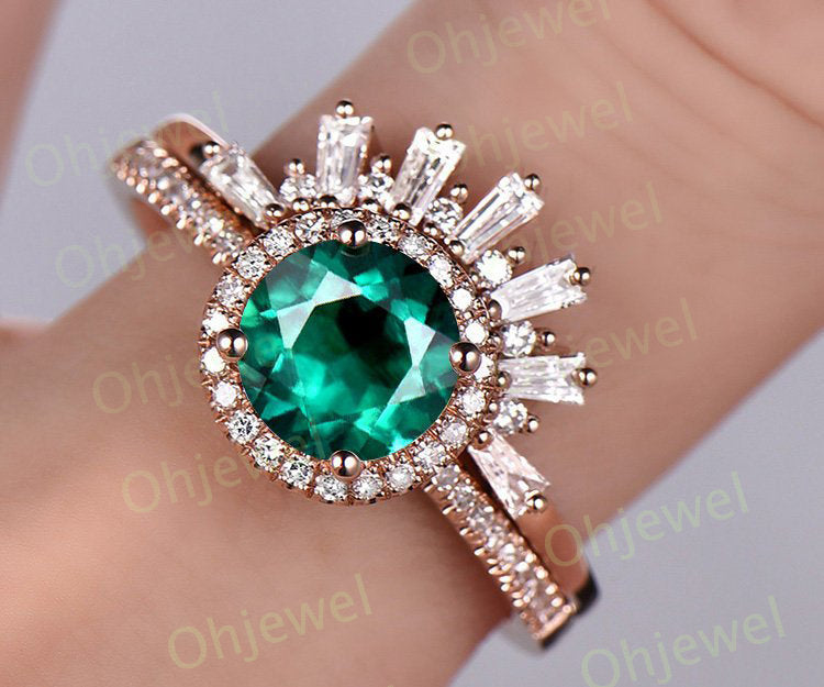 1.2ct emerald engagement ring set rose gold 14K/18K emerald ring gold set Crown matching halo diamond wedding ring band may birthstone ring