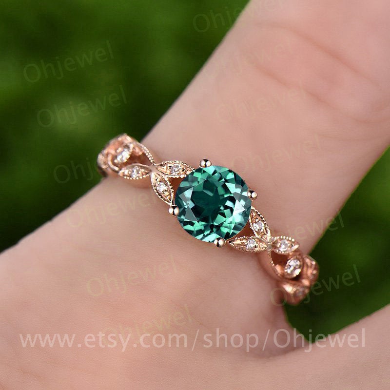 1ct Unique round emerald engagement ring rose gold 14K/18K emerald ring gold vintage full eternity diamond wedding band may birthstone ring