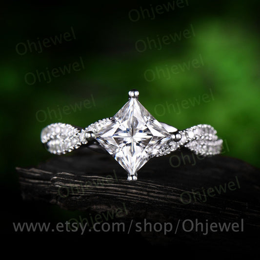 Princess cut moissanite engagement ring white gold 14K/18K real diamond ring twisted gift unique antique women promise bridal wedding ring