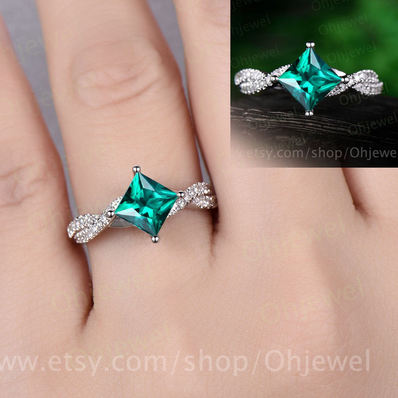 Princess cut emerald engagement ring white rose gold emerald ring vintage real diamond twisted unique May birthstone promise wedding ring