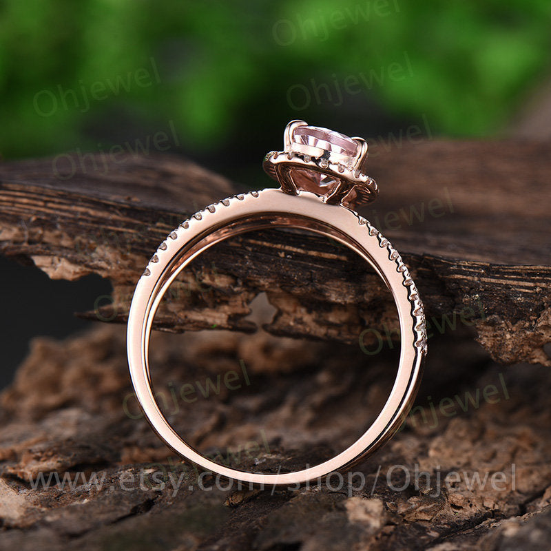 6x9mm pink morganite engagement ring rose gold 14K/18K diamond halo ring split shank ring stackable wedding anniversary promise bridal ring