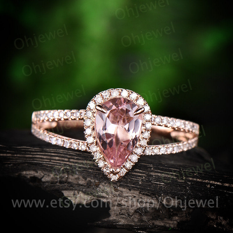 6x9mm pink morganite engagement ring rose gold 14K/18K diamond halo ring split shank ring stackable wedding anniversary promise bridal ring