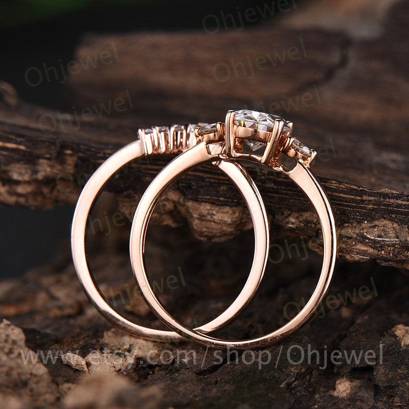 1.5ct three stone moissanite engagement ring set rose gold 14K/18K curved wedding band macthing crown antique gift  bridal promise ring set