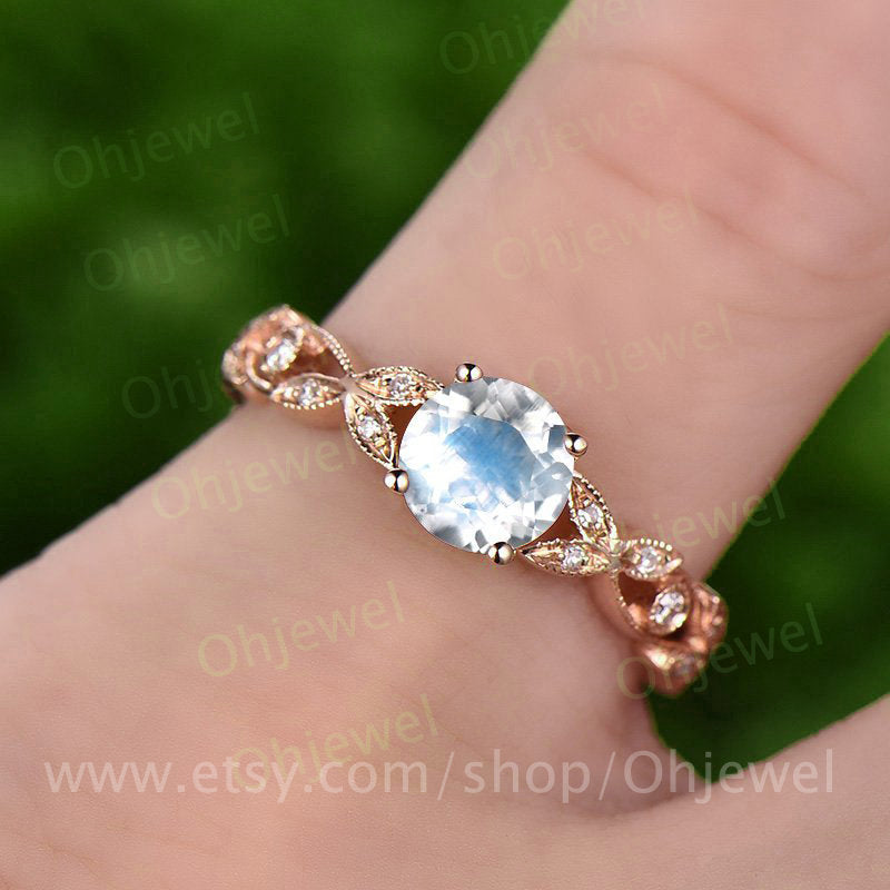 Natural moonstone engagement ring rose gold moonstone ring gold vintage diamond full eternity wedding june birthstone Unique promise ring