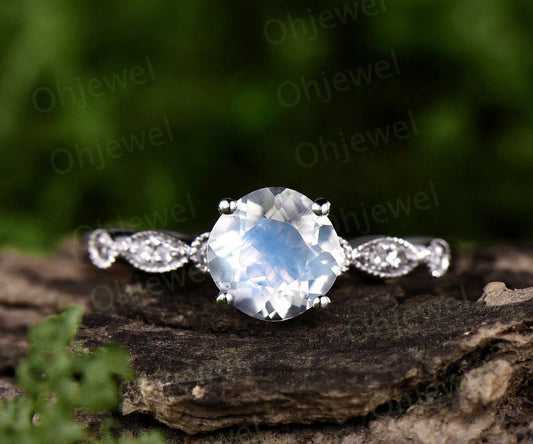 Natural blue moonstone engagement ring white gold diamond wedding band moonstone ring gold June birthstone marquise vintage promise ring
