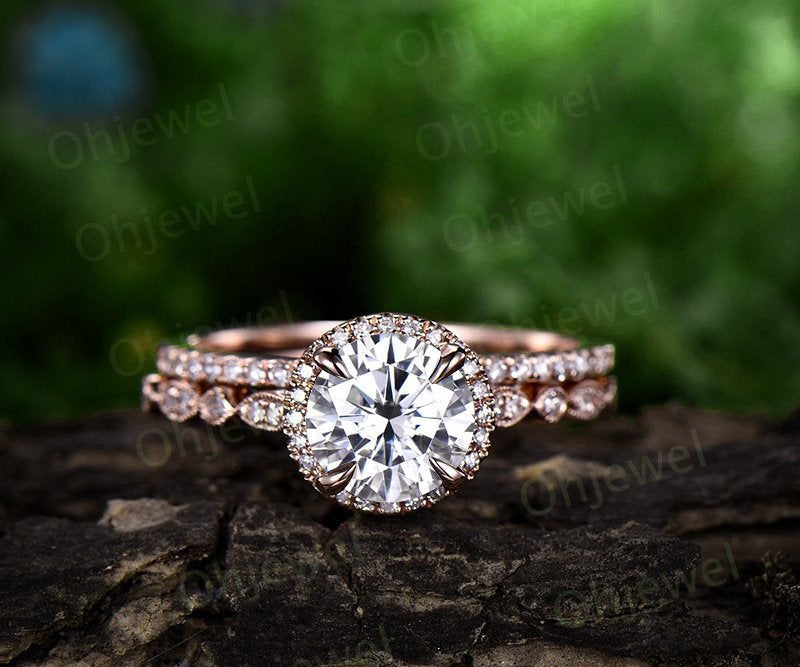 carat Moissanite engagement ring set rose gold 14K/18K halo moissanite curved wedding band macthing stackable promise ring bridal set