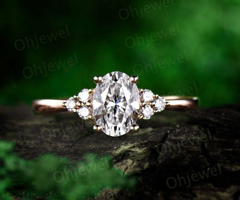 oval cut three stone moissanite engagement ring rose gold 14K/18K moissanite ring wedding band unique ring anniversary promise ring