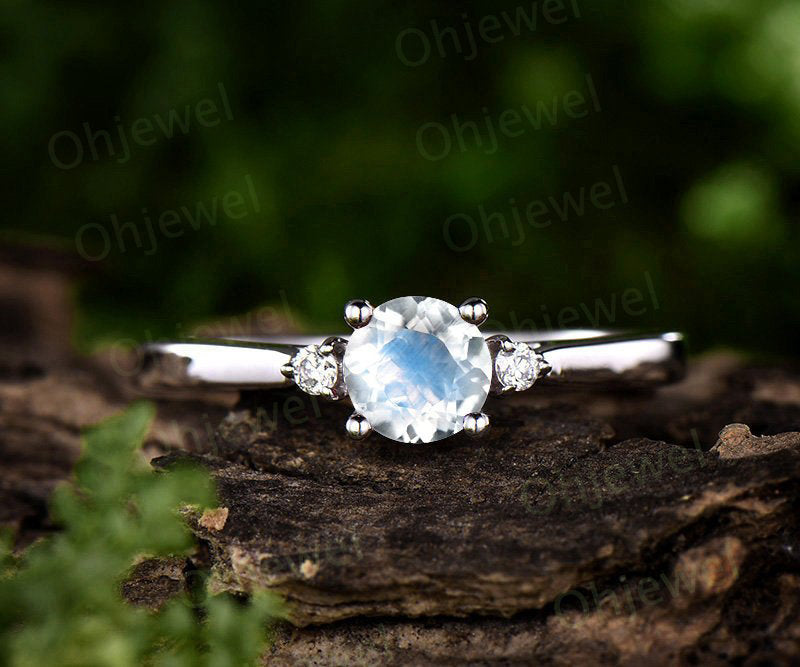 Three stone moonstone engagement ring white gold 14K/18K moonstone ring gold june birthstone ring diamond wedding ring unique promise ring