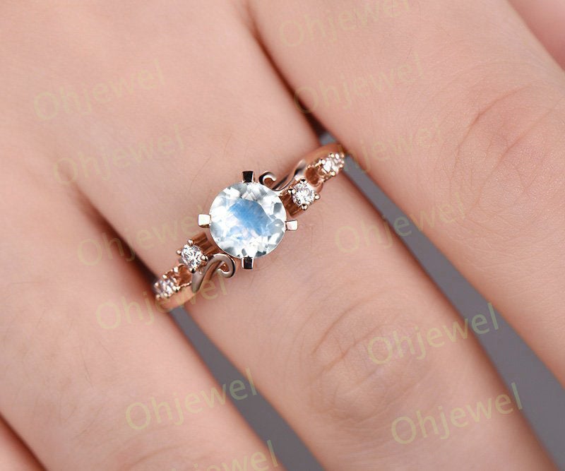 1ct blue moonstone engagement ring rose gold 14K/18K diamond unique wedding band promise ring June birthstone ring moonstone ring gold