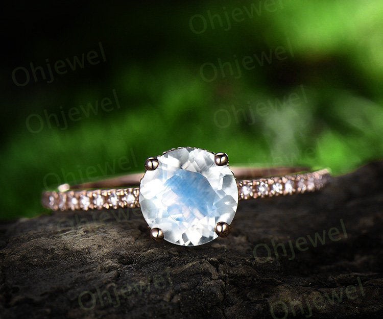1ct moonstone engagement ring rose gold 14K/18K moonstone ring moissanite under basket halo wedding band June birthstone ring promise ring