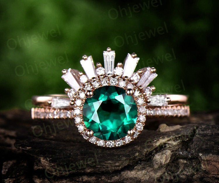 1.2ct emerald engagement ring set rose gold 14K/18K emerald ring gold set Crown matching halo diamond wedding ring band may birthstone ring